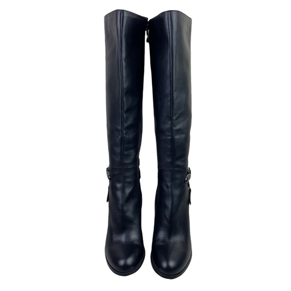 Tahari Shoes - Tahari Leather Tall Boot Felix Chunky Heels Side Zipper Belts Black Size 9.5M